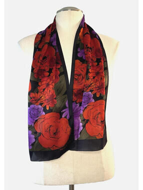 Vintage 1980's Harve Bernard Silk Scarf Hand Rolled Red Black Floral 10"x52" EUC